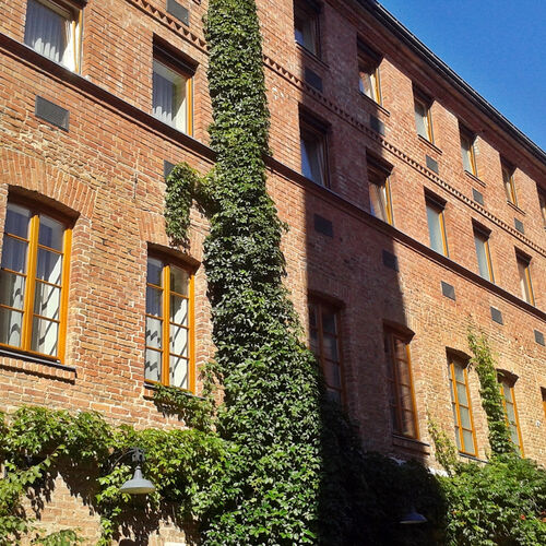 The beautiful inner courtyard of Hotel Fabrik