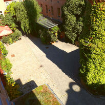 The inner courtyard of Hotel Fabrik